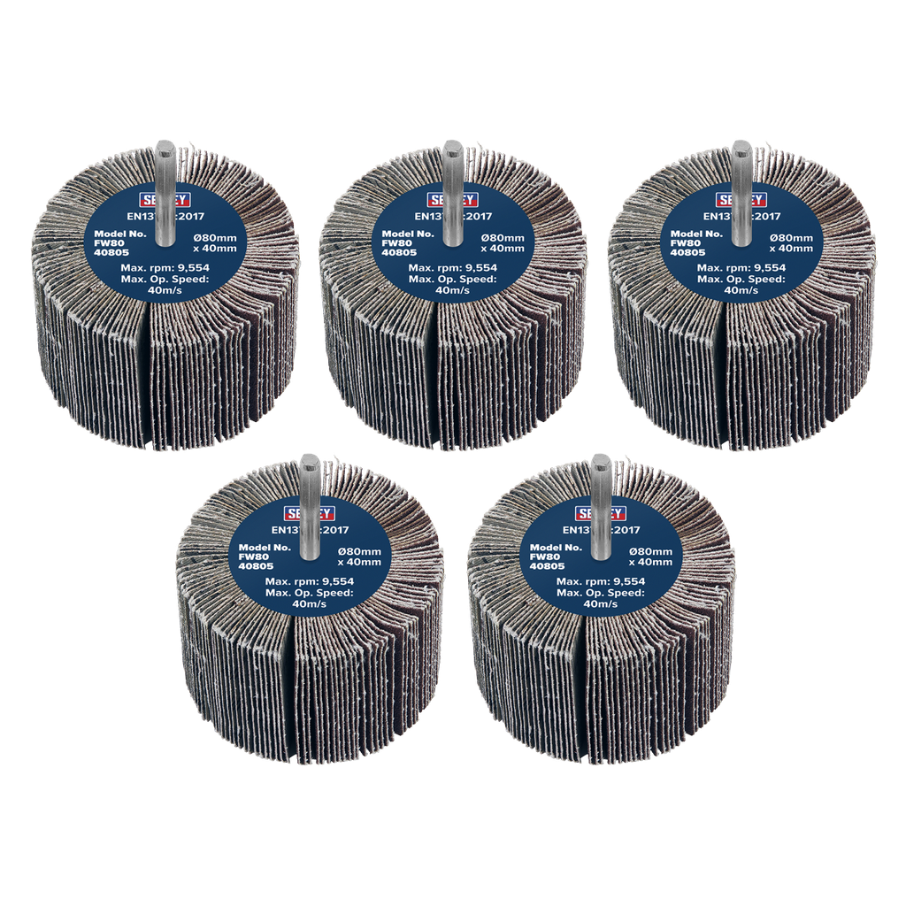 Sealey 80 x 40mm Abrasive Flap Wheel on 6mm Shaft 80Grit - Pack of 5