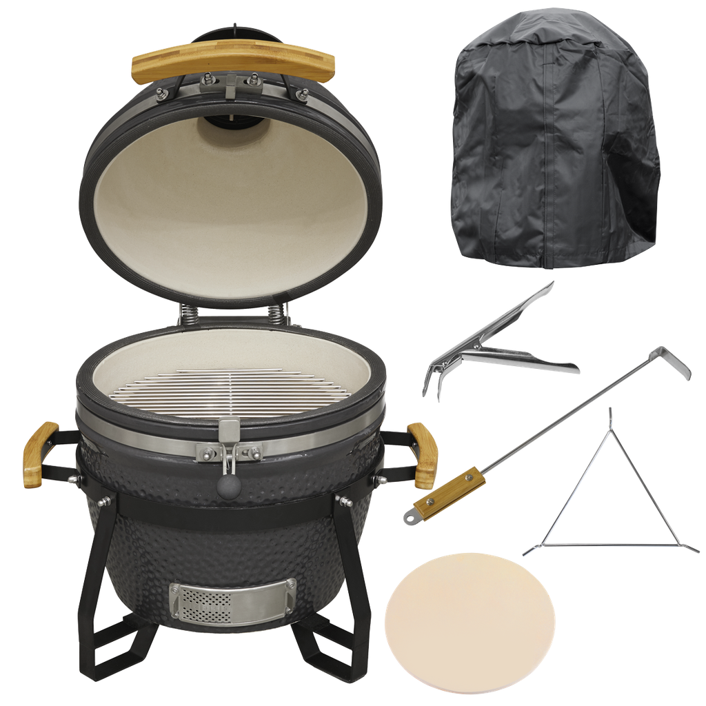 Dellonda Deluxe 16"(40cm) Ceramic Kamado Style BBQ, Cover, Grid Gripper, Heat Deflector & Heat Deflector Support
