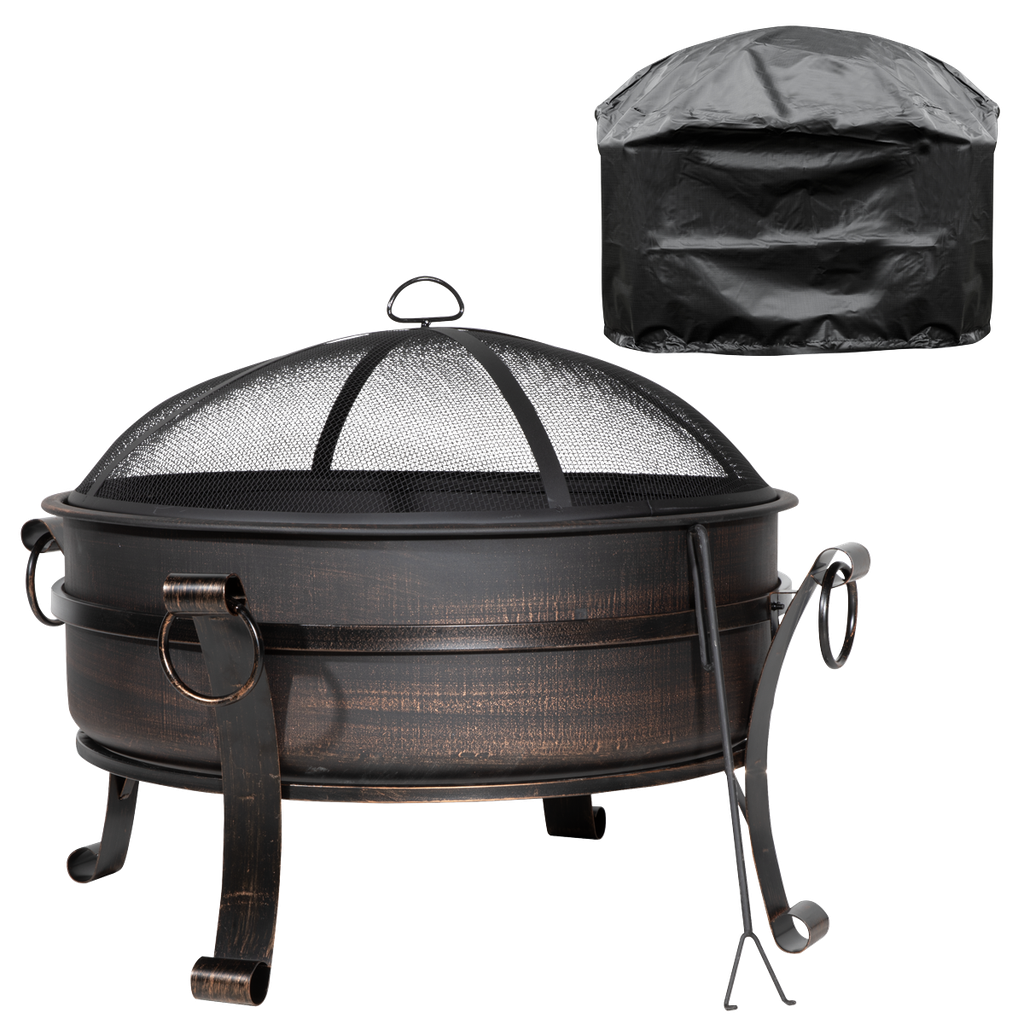 Dellonda Deluxe 2-in-1 Outdoor Fire Pit/Coffee Table with Drawstring Cover 93cm Antique Bronze Effect