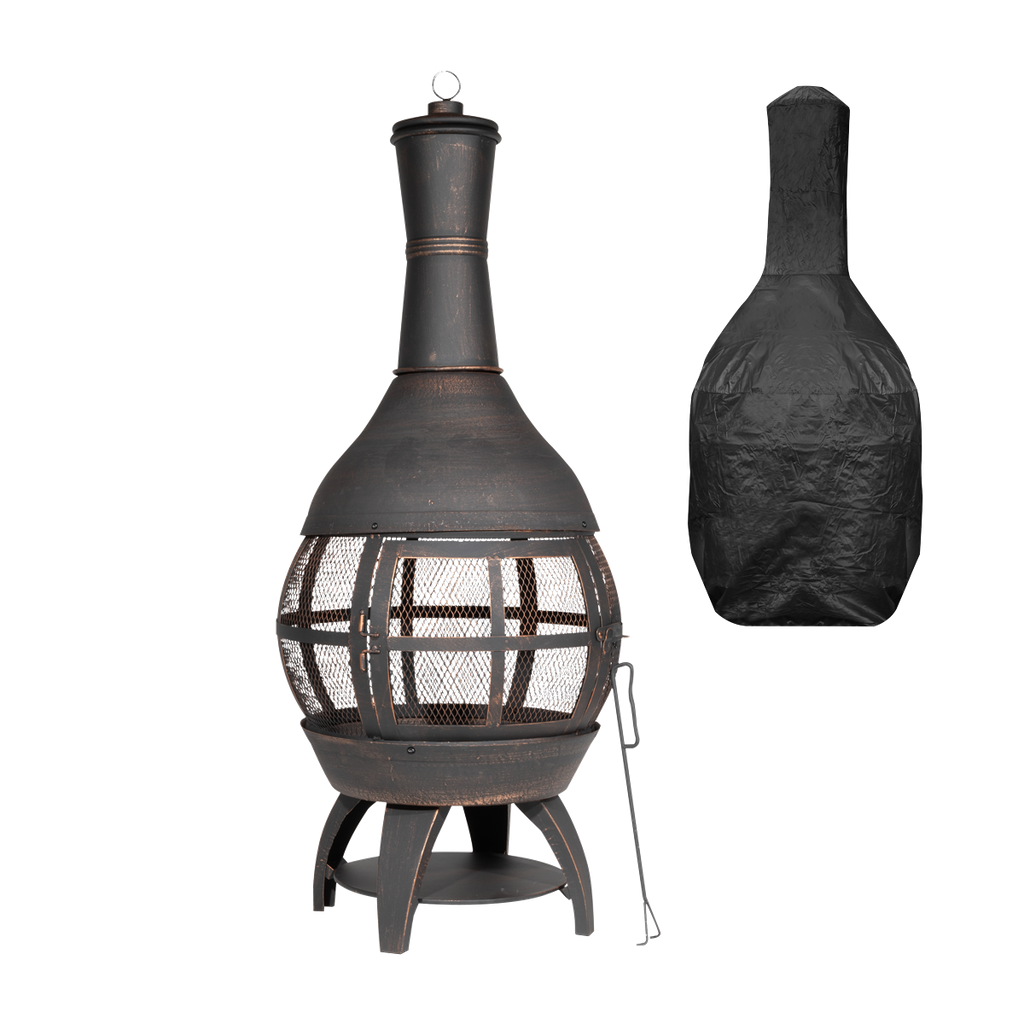 Dellonda Deluxe 360° Chiminea/Fire Pit/Outdoor Heater with Fire Poker & Water-Resistant Drawstring Cover - Antique Bronze Finish - DG241