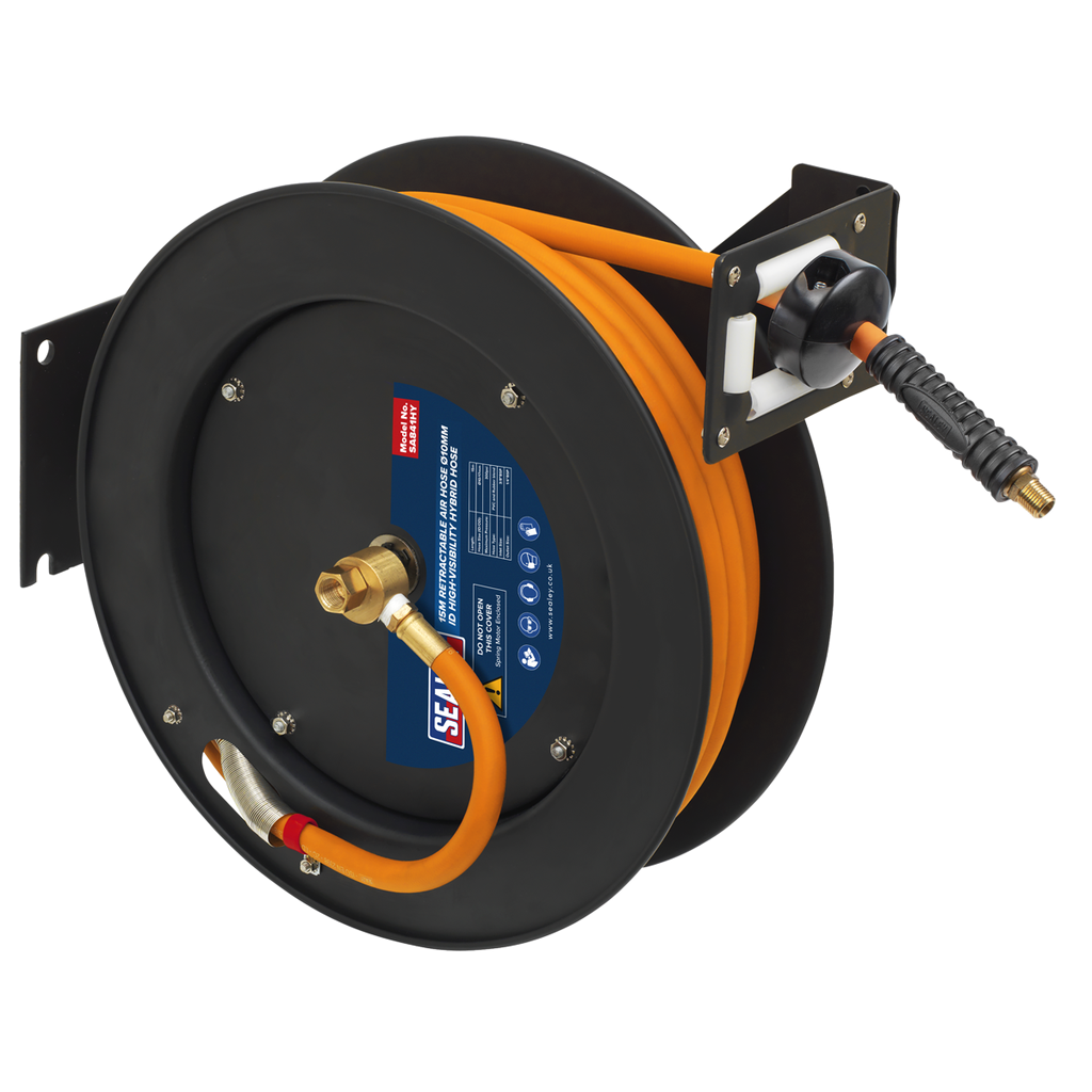 Sealey 15m Retractable High-Visibility Hybrid Air Hose with Metal Reel 10mm ID