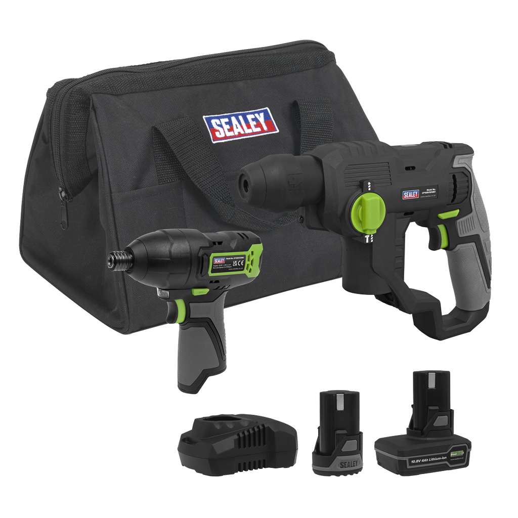 Sealey 2 x SV10.8 Series Cordless Rotary Hammer Drill & Impact Driver Kit 10.8V - 2 Batteries & Euro Plug