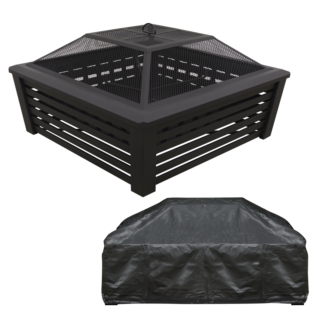 Dellonda 89cm Square Outdoor Fire Pit, Mesh Screen Lid, Black with Water-Resistant Drawstring Cover
