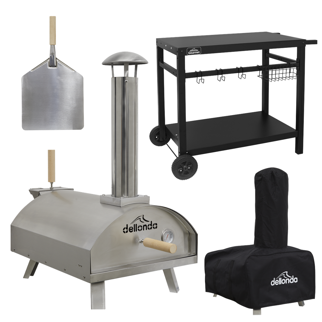 Dellonda Wood-Fired Pizza Oven, Pizza Peel, Cover & Plancha Trolley 14" - Stainless Steel