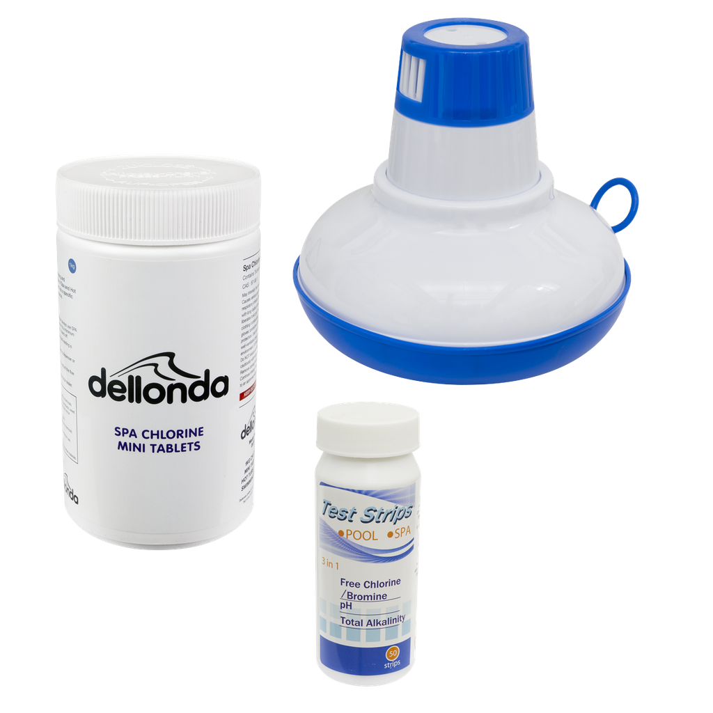 Dellonda Hot Tub/Spa & Swimming Pool Chlorine Pack includes Chlorine Mini Tabs 1kg, Chemical Floaters & 3-in-1 Test Strips
