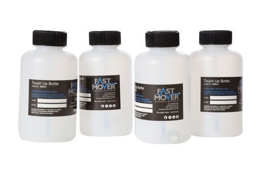 [FMT074250] Fast Mover Touch up paint bottle. 500ml capacity with inbuilt brush & agitating marble. Secure fitted lid. 200 bottles per case.
