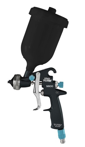 [FMT9800/1.4] Fast Mover HVLP gravity feed spray gun with black 600ml paint pot for UV curing paint spraying. 1.4mm aircap