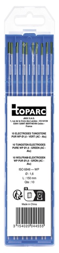 [044555] GYS 10 ELECTRODES - PURE TUNGSTEN Ø1.6 - GREEN (AC - ALUMINIUM)