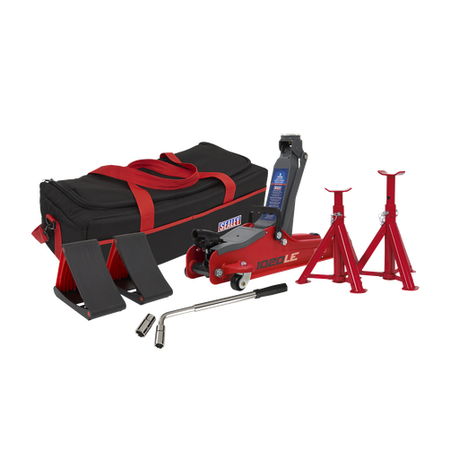 [1020LEBAGCOMBO] Sealey Low Entry Short Chassis Trolley Jack & Accessories Bag Combo, 2 Tonne - Red