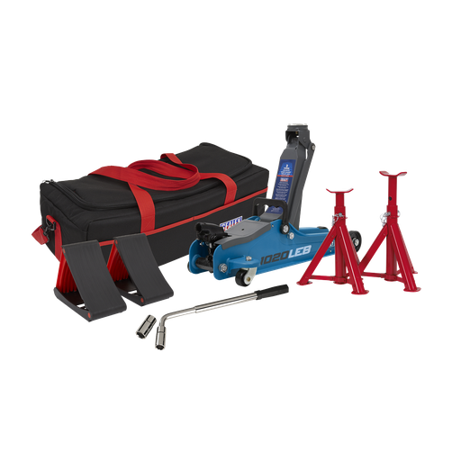 [1020LEBBAGCOMBO] Sealey Low Entry Short Chassis Trolley Jack & Accessories Bag Combo, 2 Tonne - Blue