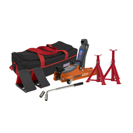 [1020LEOBAGCOMBO] Sealey Low Entry Short Chassis Trolley Jack & Accessories Bag Combo 2 Tonne - Orange