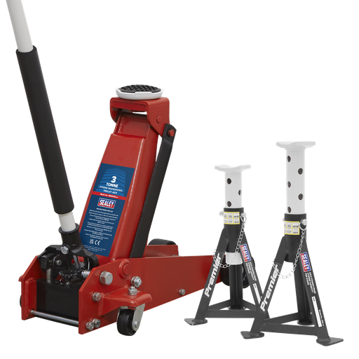 [3000CXDCOMBO1] Sealey Trolley Jack 3 Tonne & Axle Stands (Pair) 3 Tonne per Stand Combo