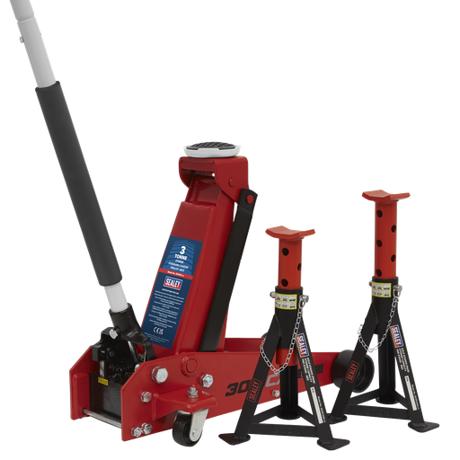 [3010CX] Sealey Standard Chassis Trolley Jack 3 Tonne with Axle Stands (Pair) 3 Tonne Capacity per Stand