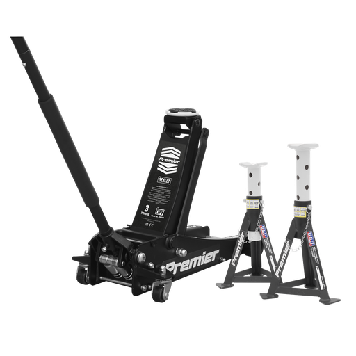 [3040ABCOMBO] Sealey Premier Trolley Jack 3 Tonne & Axle Stands (Pair) 3 Tonne per Stand Combo