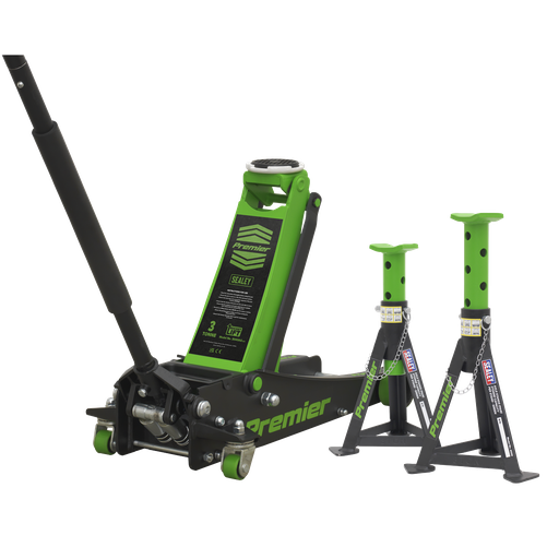 [3040AGCOMBO1] Sealey Premier Trolley Jack 3 Tonne & Axle Stands (Pair) 3 Tonne per Stand Combo
