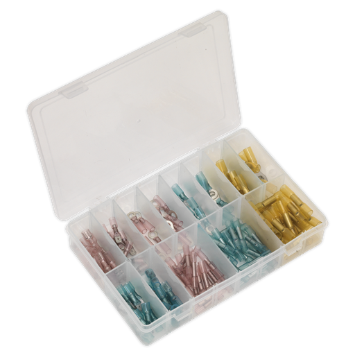 [AB037HT] Sealey Adhesive Lined Heat Shrink Terminal Assortment 142pc - Blue, Red & Yellow