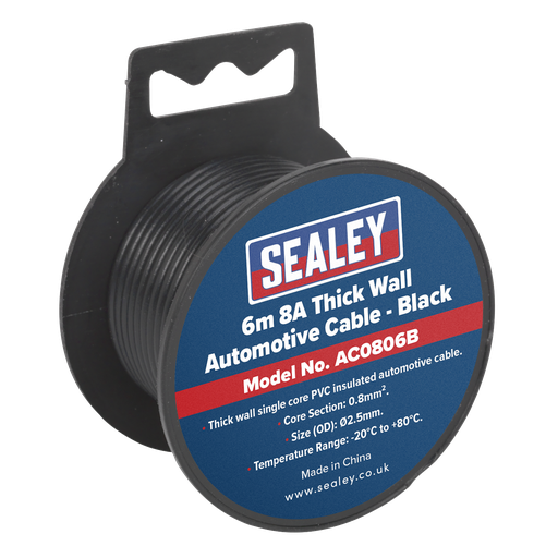 [AC0806B] Sealey 8A Thick Wall Automotive Cable 6m - Black