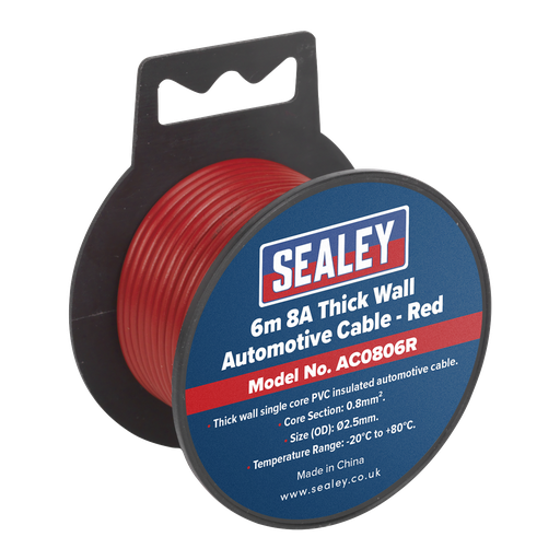 [AC0806R] Sealey 8A Thick Wall Automotive Cable 6m - Red