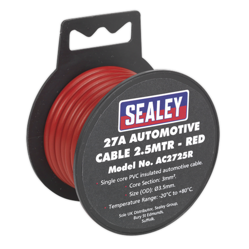 [AC2725R] Sealey 27A Thick Wall Automotive Cable 2.5m - Red