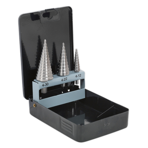 [AK4746] Sealey Double Flute HSS 4341 Step Drill Bit Set 3pc
