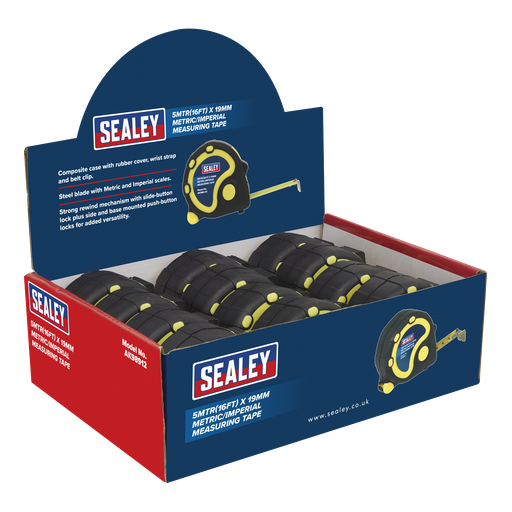 [AK98912] Sealey Metric/Imperial Rubber Tape Measure 5m(16ft) x 19mm - Display Box of 12