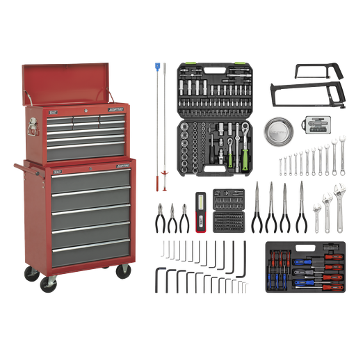 [AP2250BBCOMBO] American PRO® Topchest & Rollcab Combination 14 Drawer with 281pc Tool Kit - Red/Grey