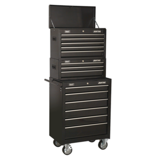 [AP22BSTACK] Sealey American PRO® Topchest, Mid-Box Tool Chest & Rollcab Stack 14 Drawer - Black
