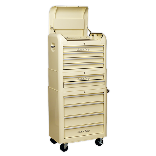 [AP28COMBO2] Premier™ Retro Style Topchest, Mid-Box Tool Chest & Rollcab Combination 10 Drawer - Cream