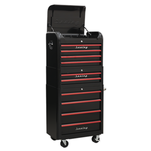 [AP28COMBO2BR] Sealey Premier™ Retro Style Topchest, Mid-Box Tool Chest & Rollcab Combination 10 Drawer - Black with Red Anodised Drawer Pulls