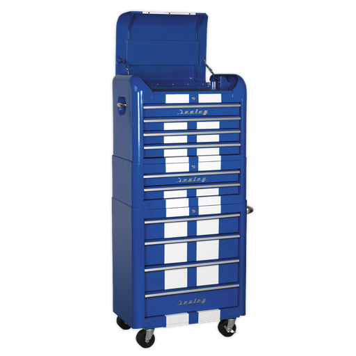 [AP28COMBO2BWS] Premier™ Retro Style Topchest, Mid-Box Tool Chest & Rollcab Combination 10 Drawer - Blue with White Stripes