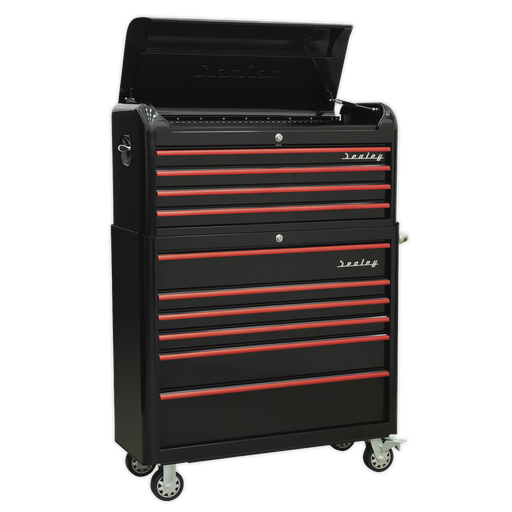 [AP41COMBOBR] Sealey Premier™ Retro Style Wide Topchest & Rollcab Combination 10 Drawer - Black with Red Anodised Drawer Pulls