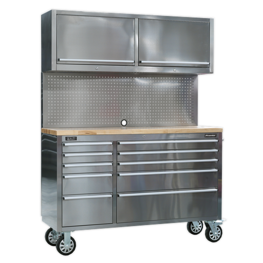 [AP5520SS] Premier™ Mobile Stainless Steel Tool Cabinet 10 Drawer with Backboard & 2 Wall Cupboards
