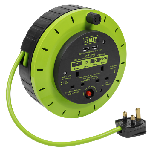 [BCR10G] Sealey 10m Cassette Type Cable Reel with Thermal Trip 2 x 230V & 2 x USB - Hi-Vis Green