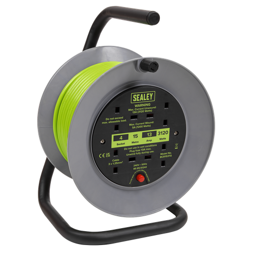 [BCR153TG] Sealey 15m Cable Reel with Thermal Trip 4 x 230V - Hi-Vis Green