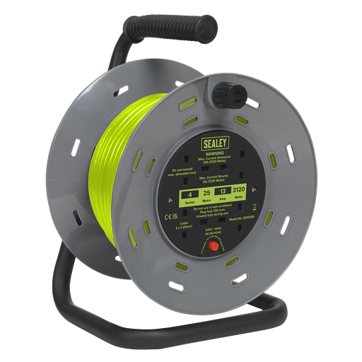 [BCR25G] Sealey 25m Cable Reel with Thermal Trip 4 x 230V - Hi-Vis Green