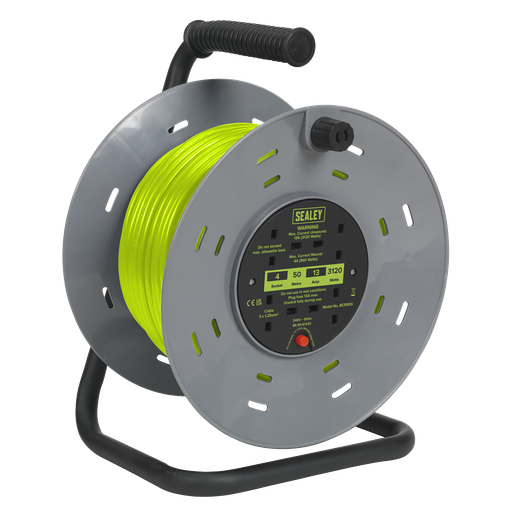[BCR50G] Sealey 50m Cable Reel with Thermal Trip 4 x 230V - Hi-Vis Green