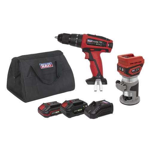 [CP20VCOMBO12] Sealey 2 x SV20 Series Cordless Router & Combi Drill Kit 20V - 2 Batteries