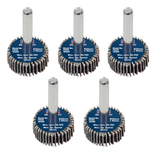 [FW2510405] Sealey 25 x 10mm Abrasive Flap Wheel on 6mm Shaft 40Grit - Pack of 5