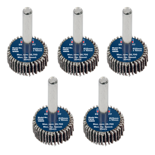 [FW2510ASS] Sealey 25 x 10mm Abrasive Flap Wheel on 6mm Shaft Assorted Grit - Pack of 5