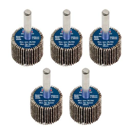 [FW2520405] Sealey 25 x 20mm Abrasive Flap Wheel on 6mm Shaft 40Grit - Pack of 5