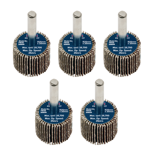 [FW2520605] Sealey 25 x 20mm Abrasive Flap Wheel on 6mm Shaft 60Grit - Pack of 5