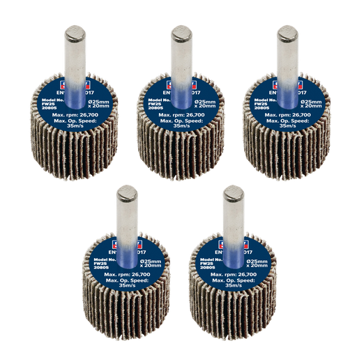 [FW2520805] Sealey 25 x 20mm Abrasive Flap Wheel on 6mm Shaft 80Grit - Pack of 5