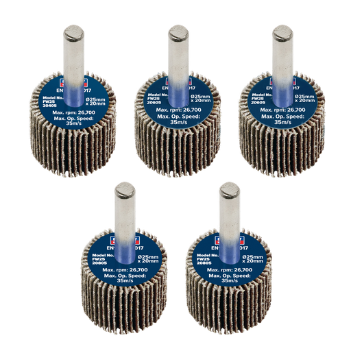 [FW2520ASS] Sealey 25 x 20mm Abrasive Flap Wheel on 6mm Shaft Assorted Grit - Pack of 5