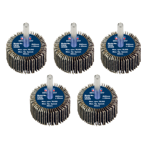 [FW4020405] Sealey 40 x 20mm Abrasive Flap Wheel on 6mm Shaft 40Grit - Pack of 5