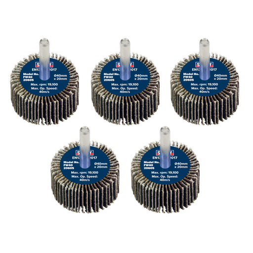 [FW4020605] Sealey 40 x 20mm Abrasive Flap Wheel on 6mm Shaft 60Grit - Pack of 5