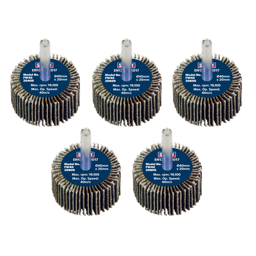 [FW4020ASS] Sealey 40 x 20mm Abrasive Flap Wheel on 6mm Shaft Assorted Grit - Pack of 5