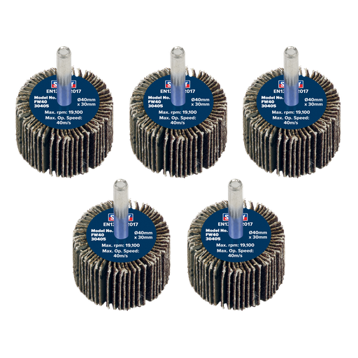 [FW4030405] Sealey 40 x 30mm Abrasive Flap Wheel on 6mm Shaft 40Grit - Pack of 5