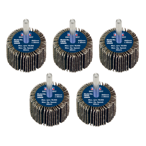 [FW4030605] Sealey 40 x 30mm Abrasive Flap Wheel on 6mm Shaft 60Grit - Pack of 5