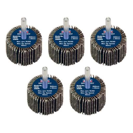 [FW4030805] Sealey 40 x 30mm Abrasive Flap Wheel on 6mm Shaft 80Grit - Pack of 5