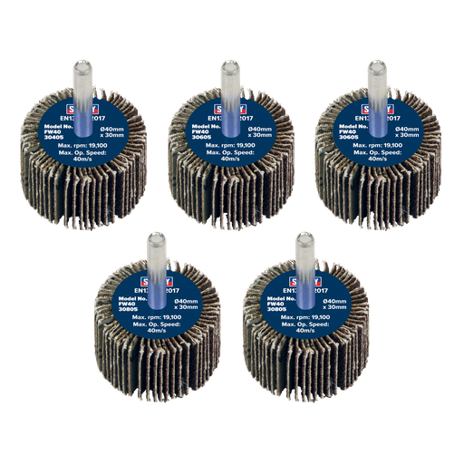 [FW4030ASS] Sealey 40 x 30mm Abrasive Flap Wheel on 6mm Shaft Assorted Grit - Pack of 5
